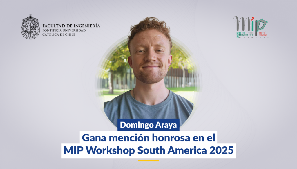 Domingo Araya, estudiante UC, destaca con mención honrosa en el MIP 2025 por su investigación sobre el close-enough TSP y sus nuevas formulaciones.