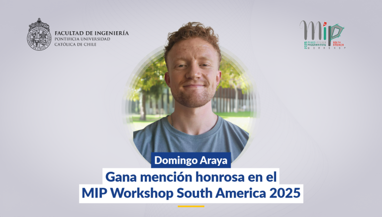 Domingo Araya, estudiante UC, destaca con mención honrosa en el MIP 2025 por su investigación sobre el close-enough TSP y sus nuevas formulaciones.